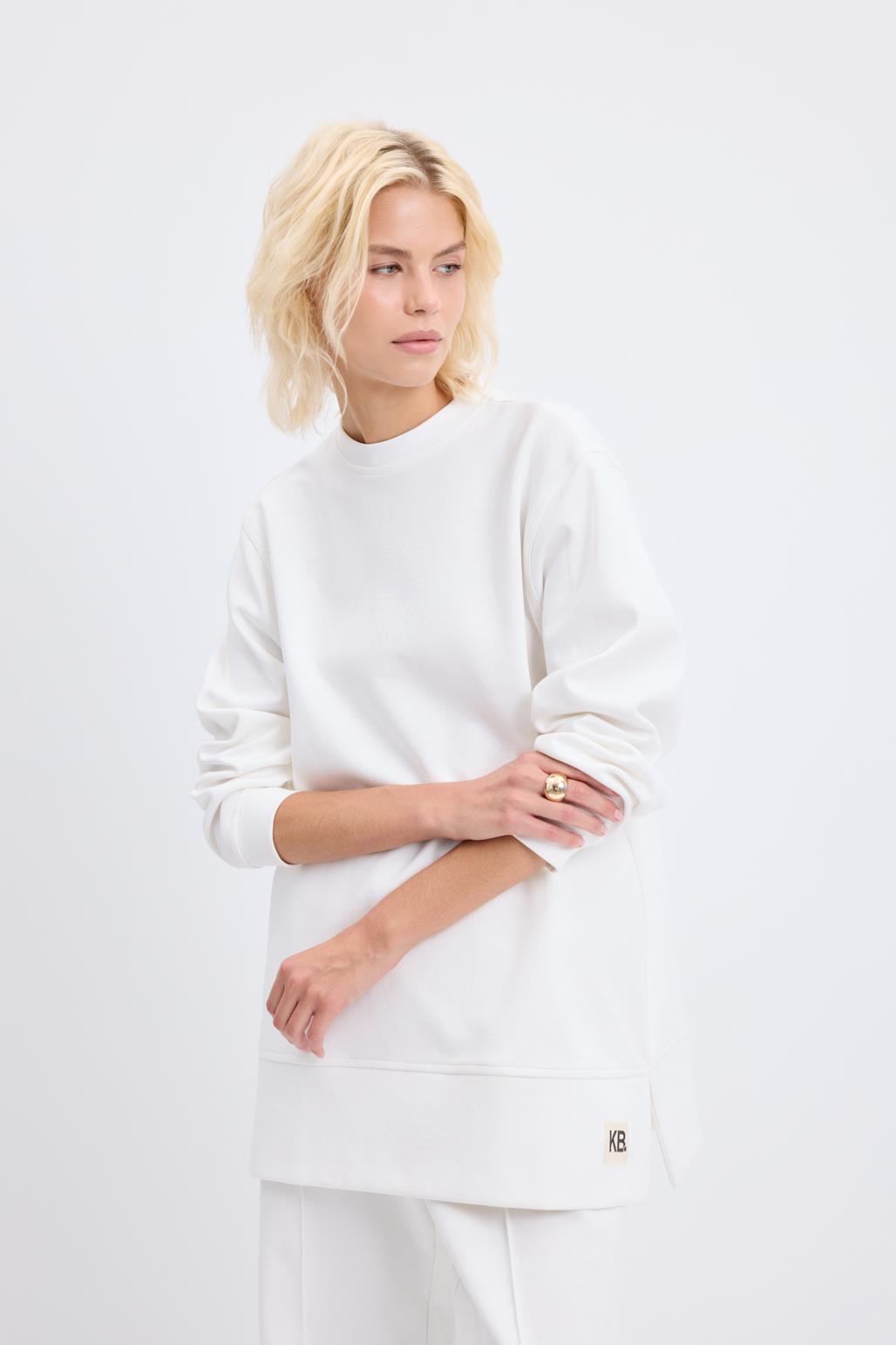 Oversize Yandan Yırtmaçlı Sweatshirt Ekru