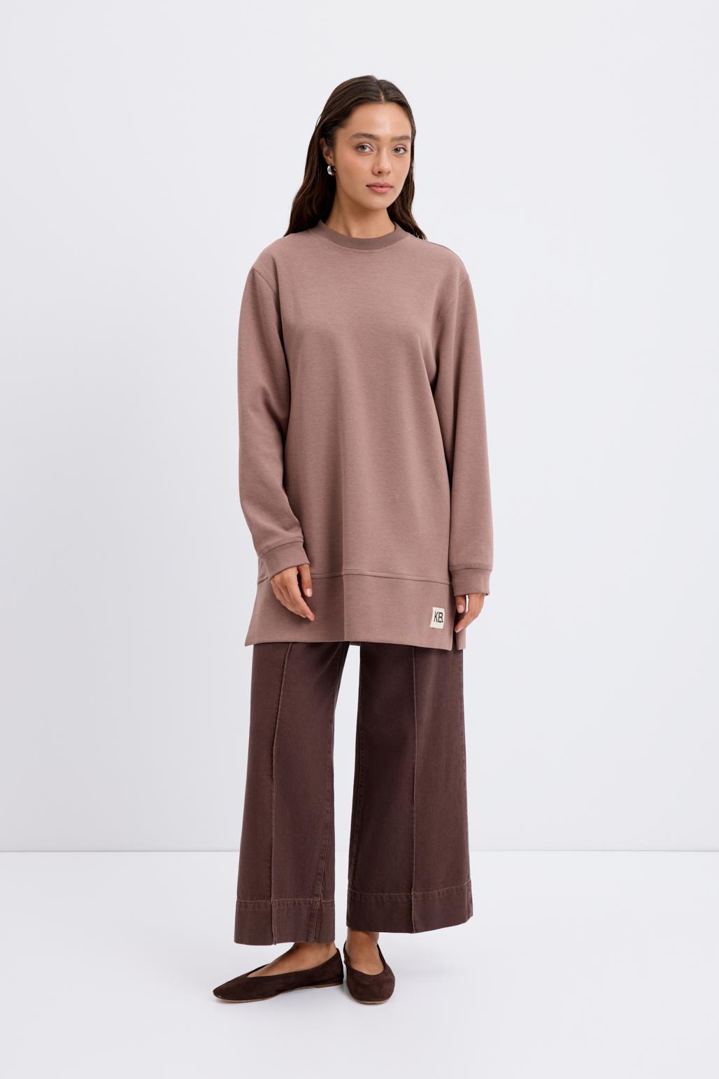 Oversize Yandan Yırtmaçlı Sweatshirt Tozlu Kahve