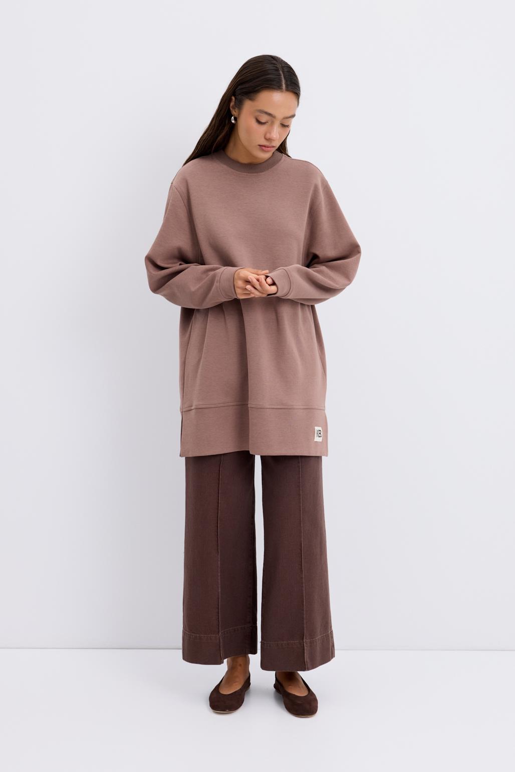 Oversize Yandan Yırtmaçlı Sweatshirt Tozlu Kahve