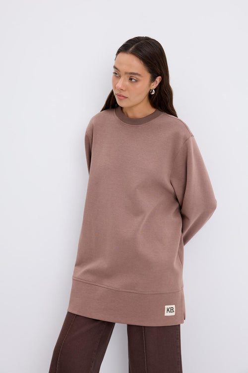 Oversize Yandan Yırtmaçlı Sweatshirt Tozlu Kahve