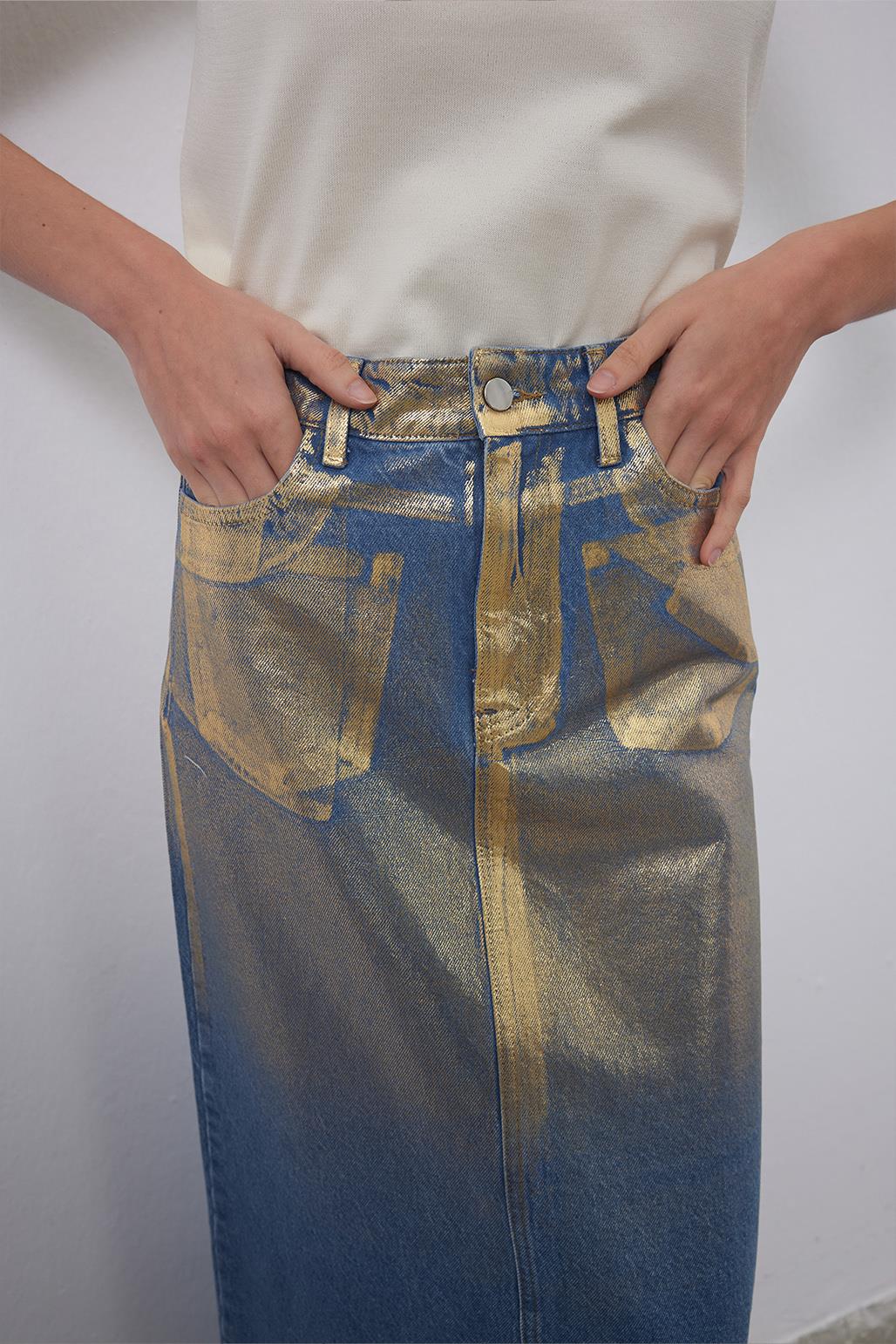 Parlak Baskı Desenli Denim Kalem Etek Gold