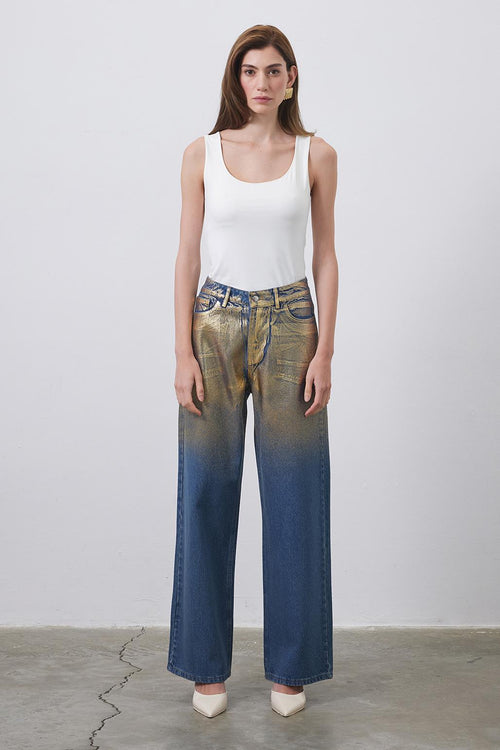 Parlak Baskı Desenli Palazzo Denim Pantolon Gold