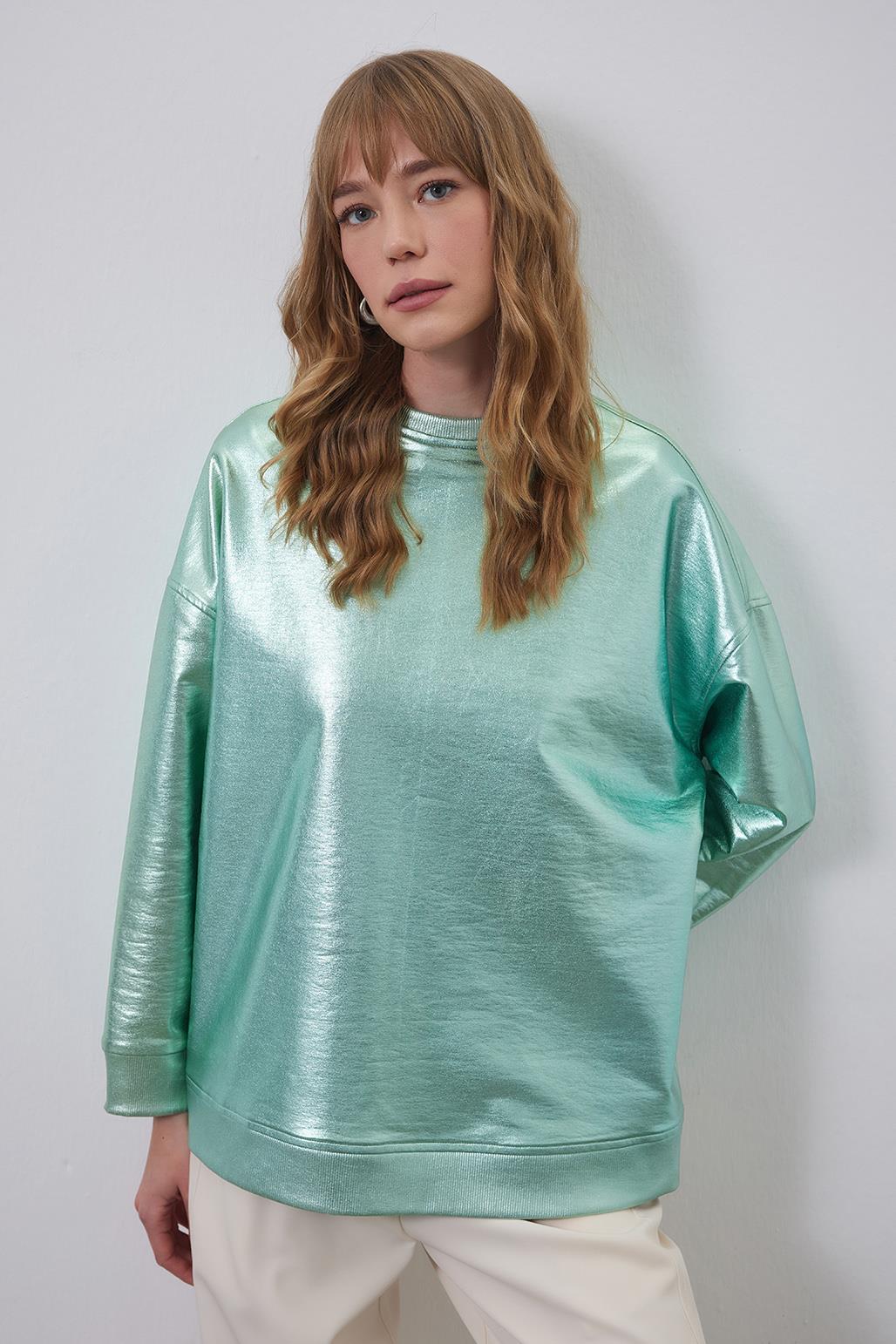 Parlak Basic Sweatshirt Hologram Yeşili