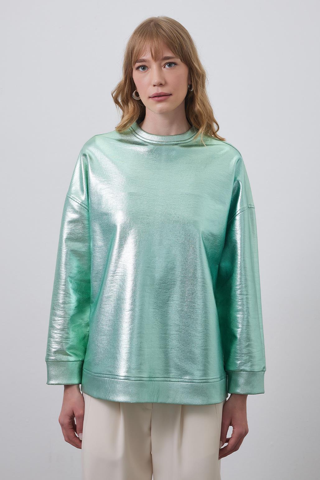 Parlak Basic Sweatshirt Hologram Yeşili