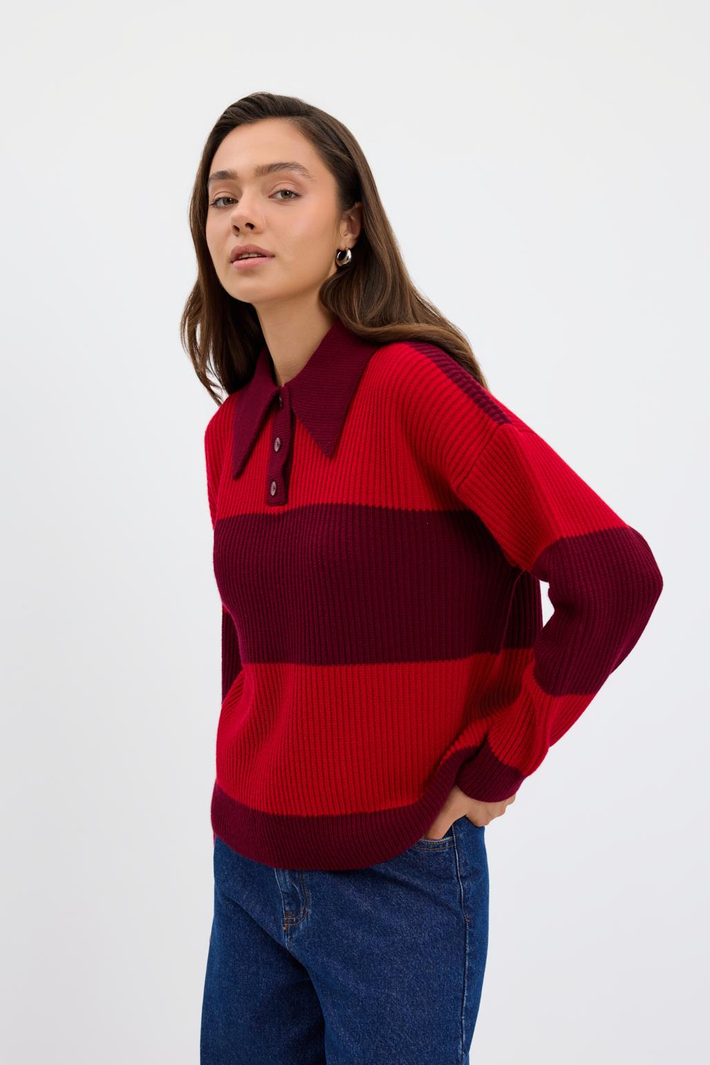 Polo Yaka Çift Renkli Triko Kazak Bordo