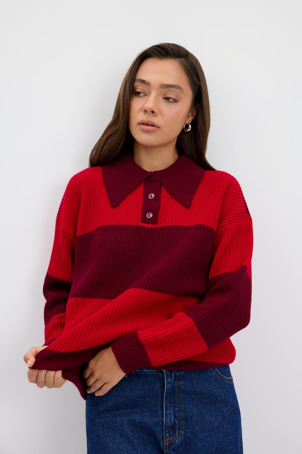 Polo Yaka Çift Renkli Triko Kazak Bordo