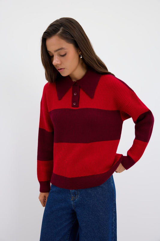 Polo Yaka Çift Renkli Triko Kazak Bordo