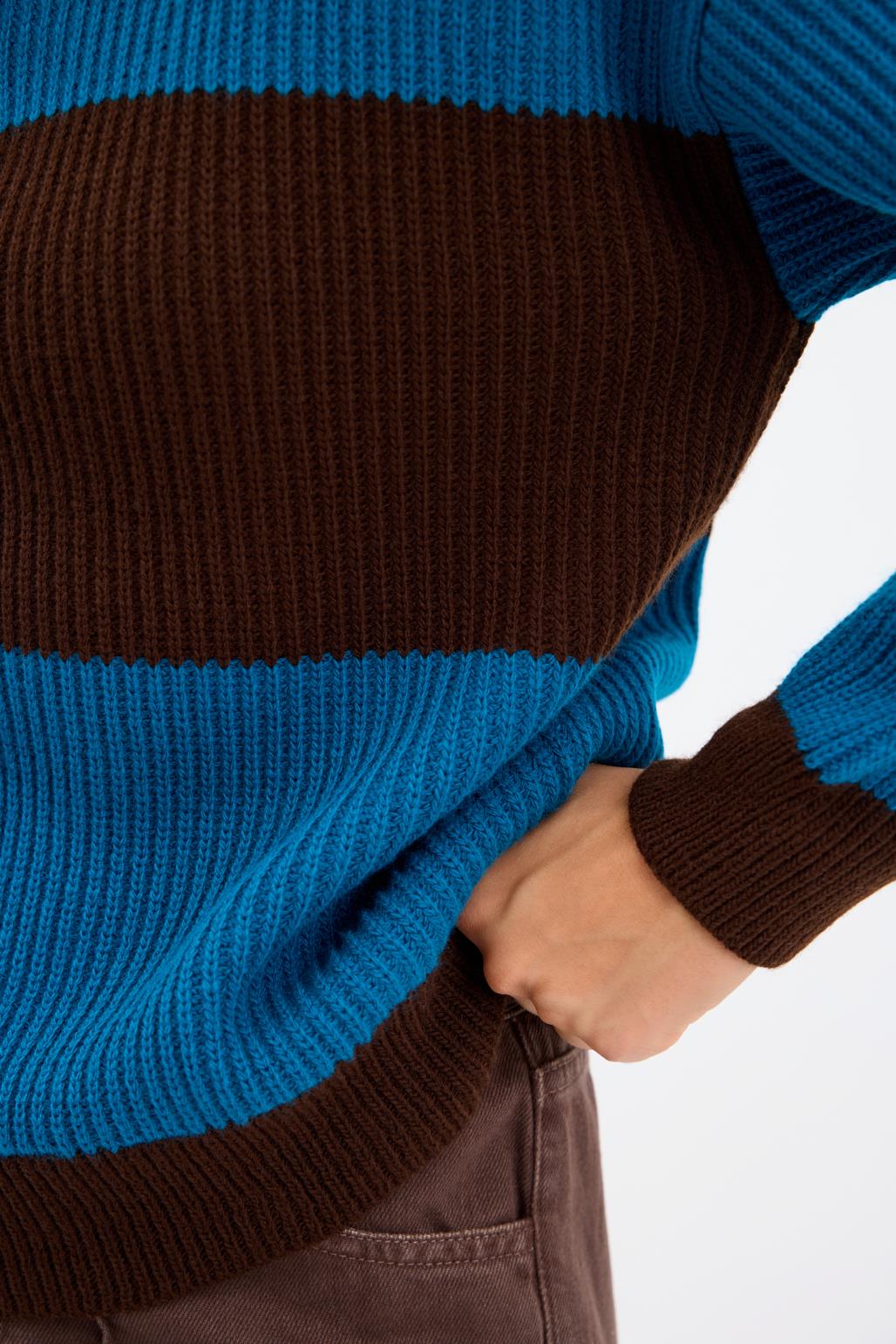 Polo Yaka Çift Renkli Triko Kazak Kahve