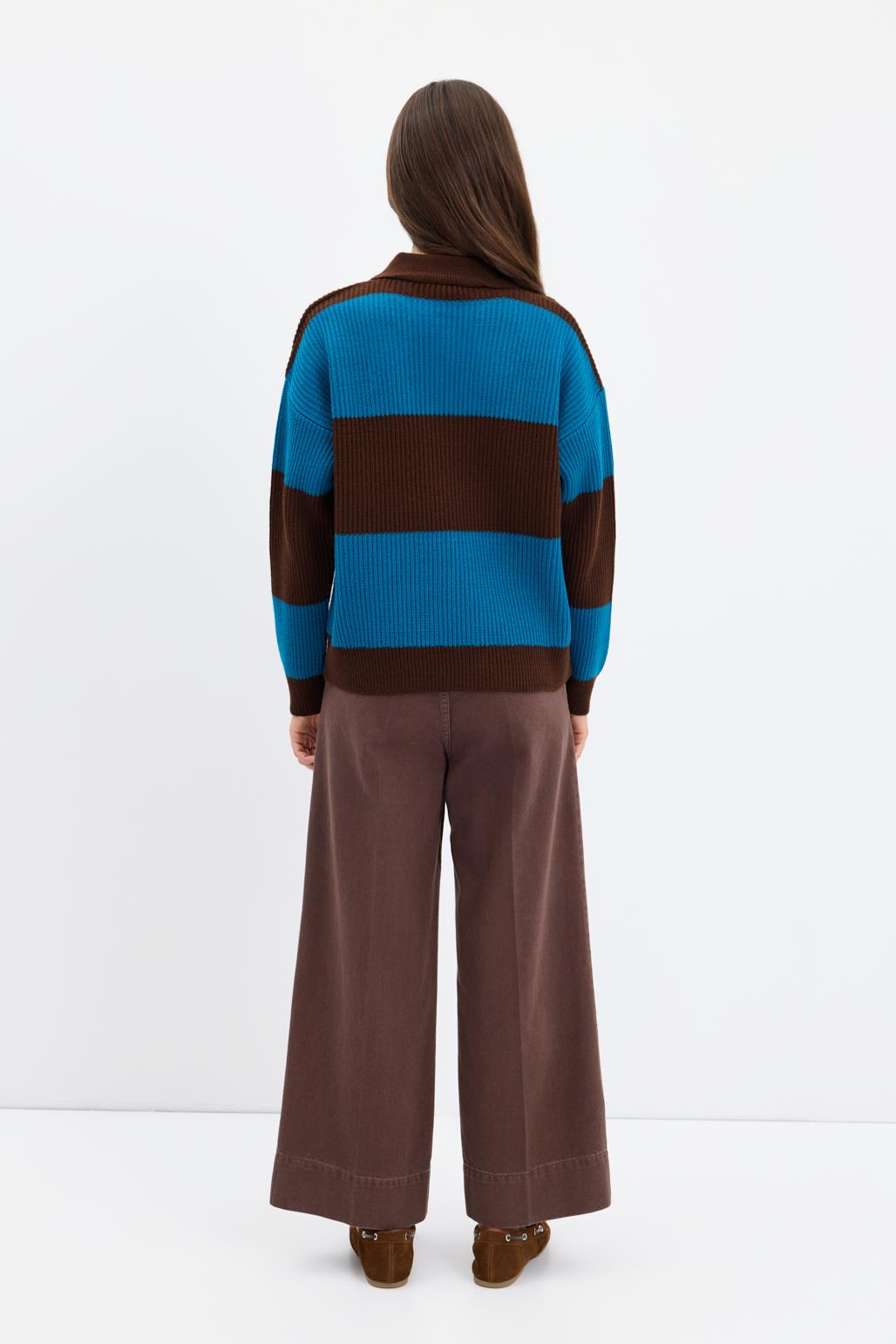 Polo Yaka Çift Renkli Triko Kazak Kahve