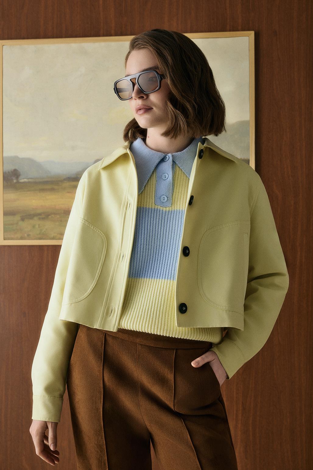 Polo Yaka Çift Renkli Triko Kazak Uçuk Mavi