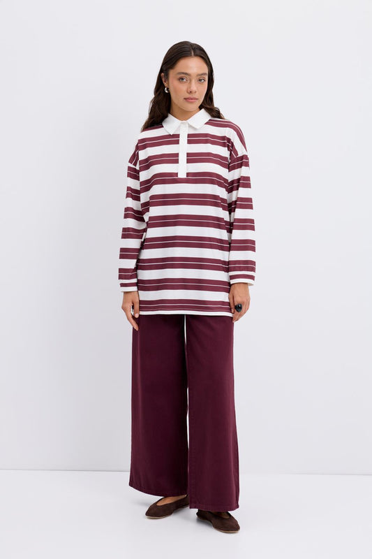 Polo Yaka Çizgili Sweatshirt Bordo