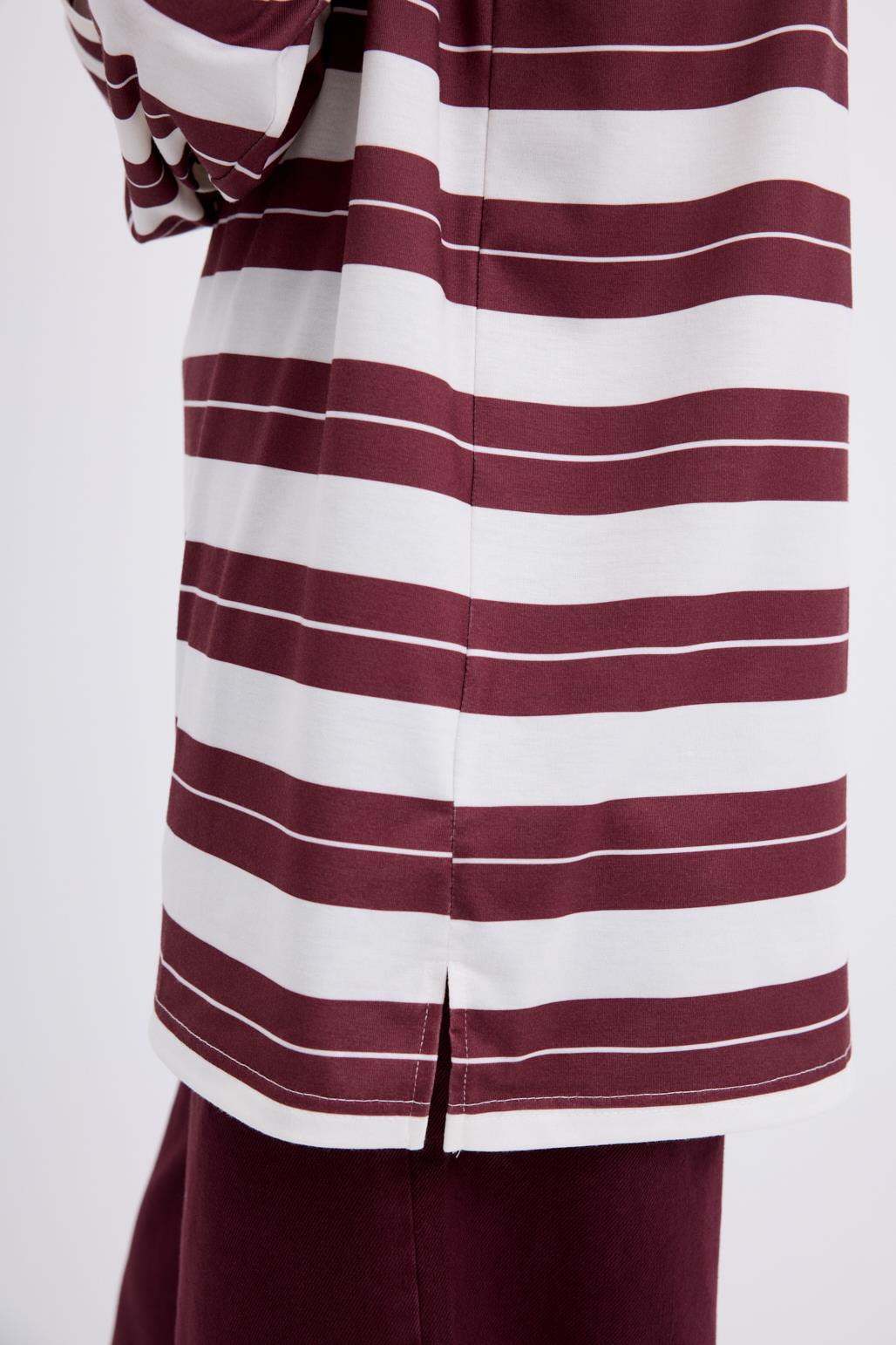 Polo Yaka Çizgili Sweatshirt Bordo