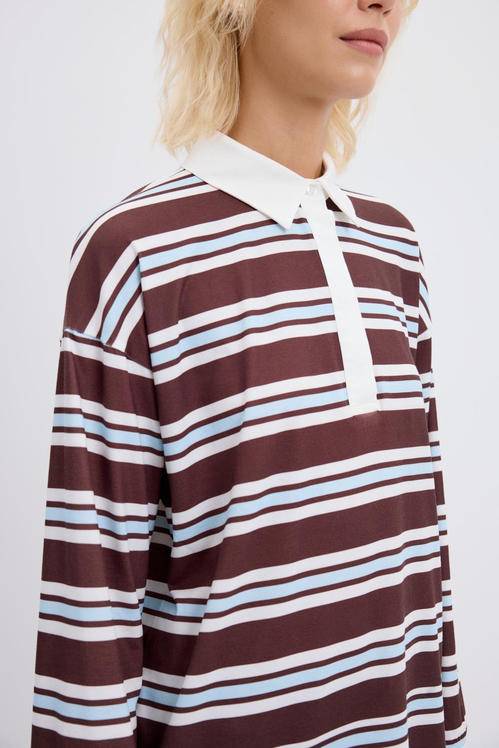 Polo Yaka Çizgili Sweatshirt Ekru