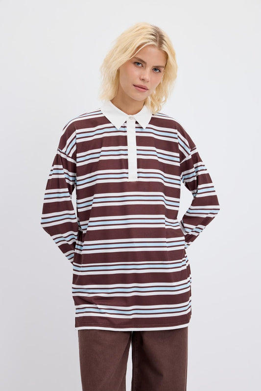 Polo Yaka Çizgili Sweatshirt Ekru
