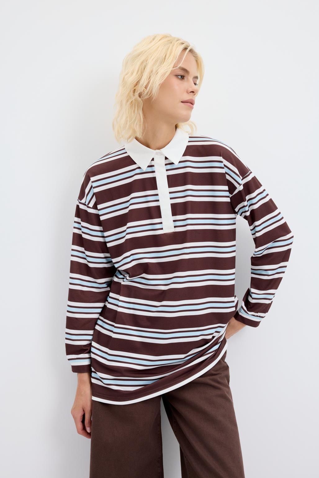 Polo Yaka Çizgili Sweatshirt Ekru
