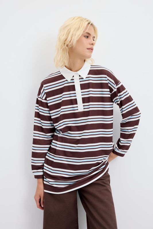 Polo Yaka Çizgili Sweatshirt Ekru