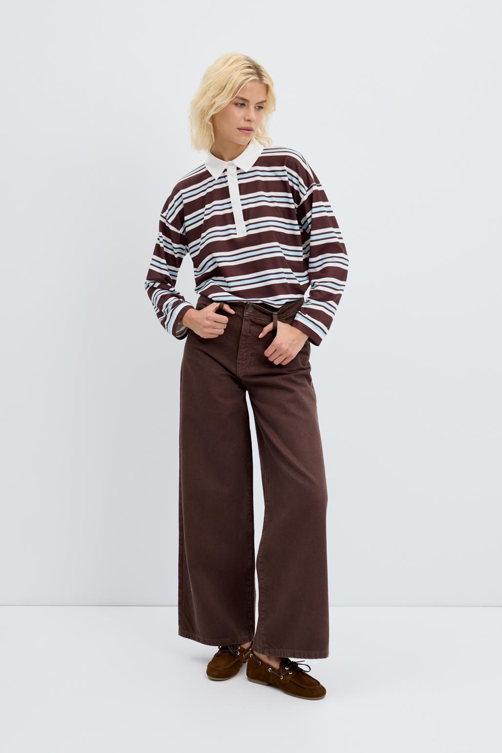Polo Yaka Çizgili Sweatshirt Ekru