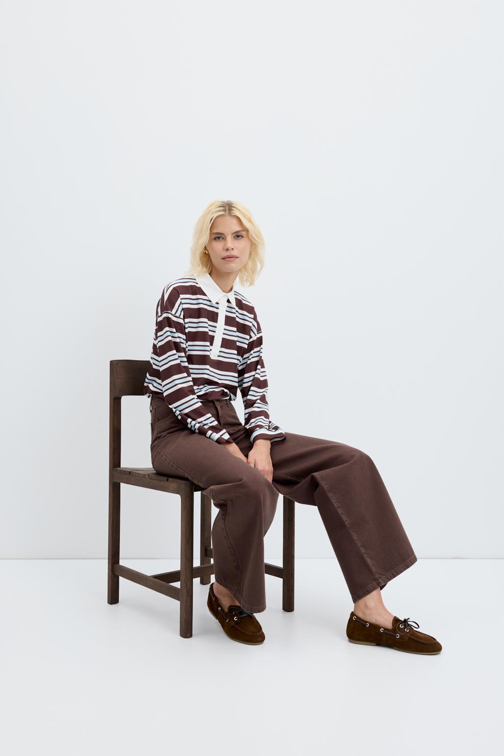 Polo Yaka Çizgili Sweatshirt Ekru