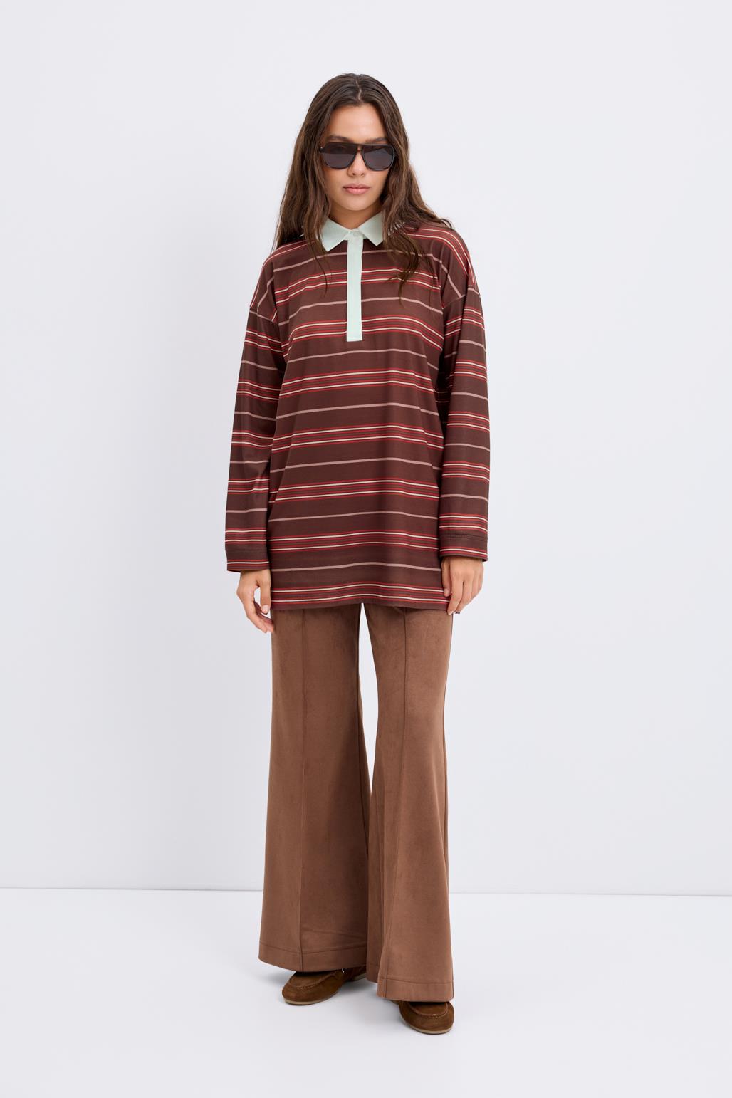 Polo Yaka Çizgili Sweatshirt Kahve