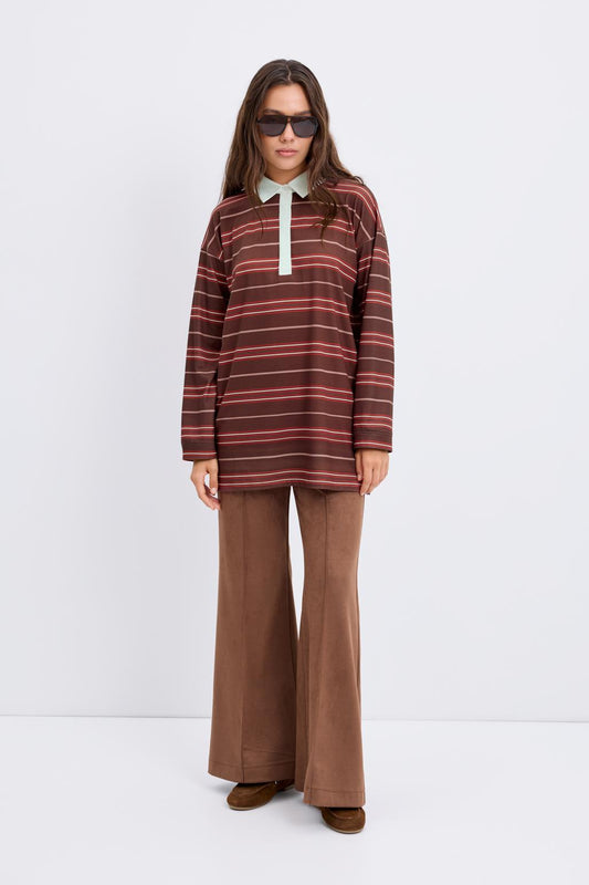 Polo Yaka Çizgili Sweatshirt Kahve