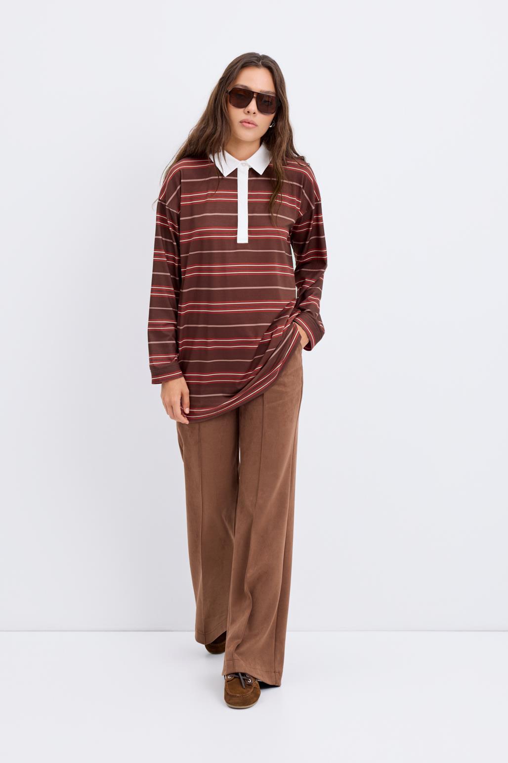 Polo Yaka Çizgili Sweatshirt Kahve