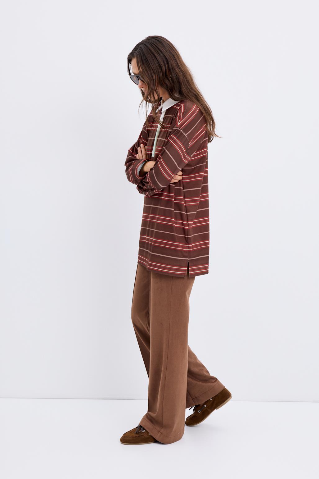 Polo Yaka Çizgili Sweatshirt Kahve