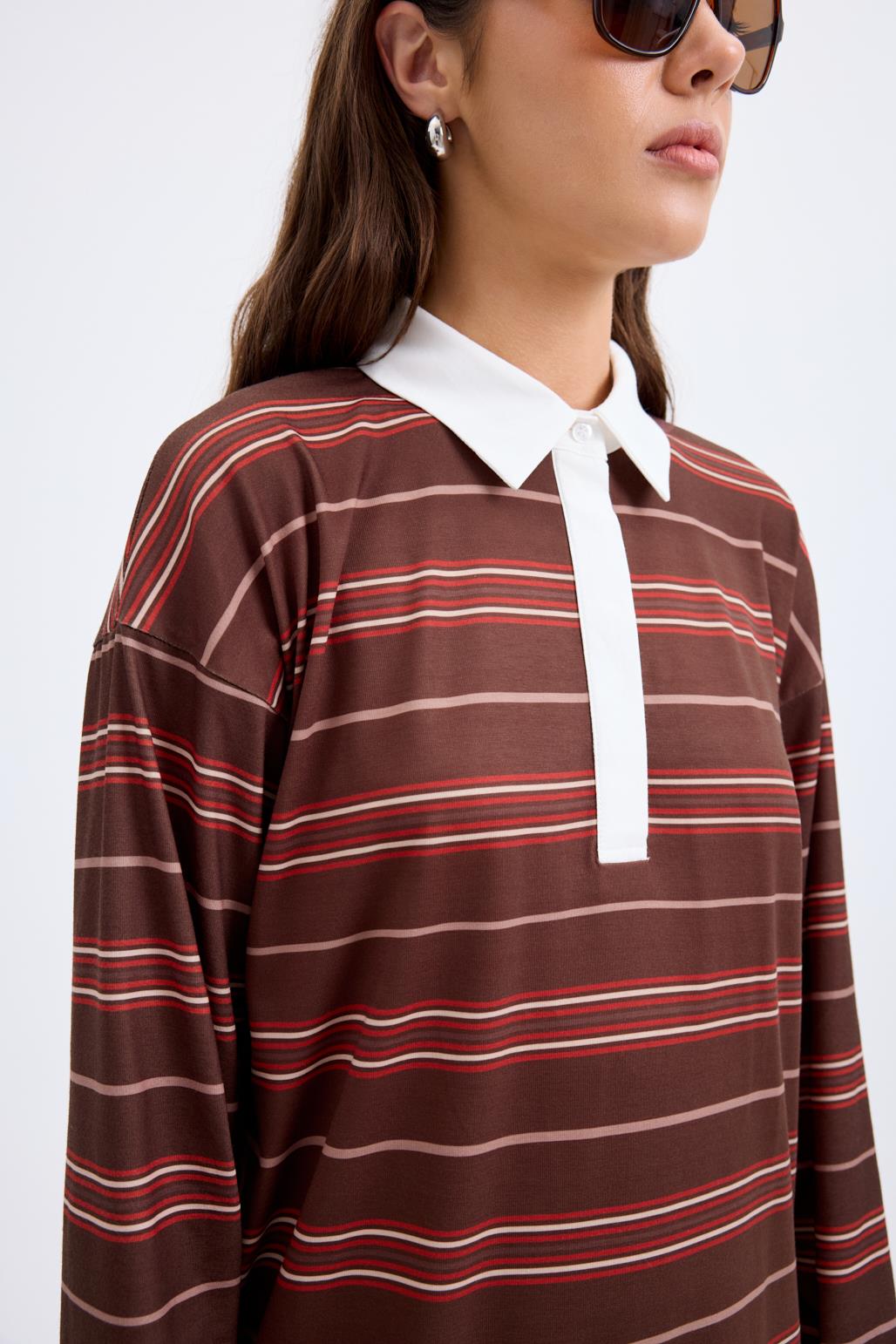 Polo Yaka Çizgili Sweatshirt Kahve