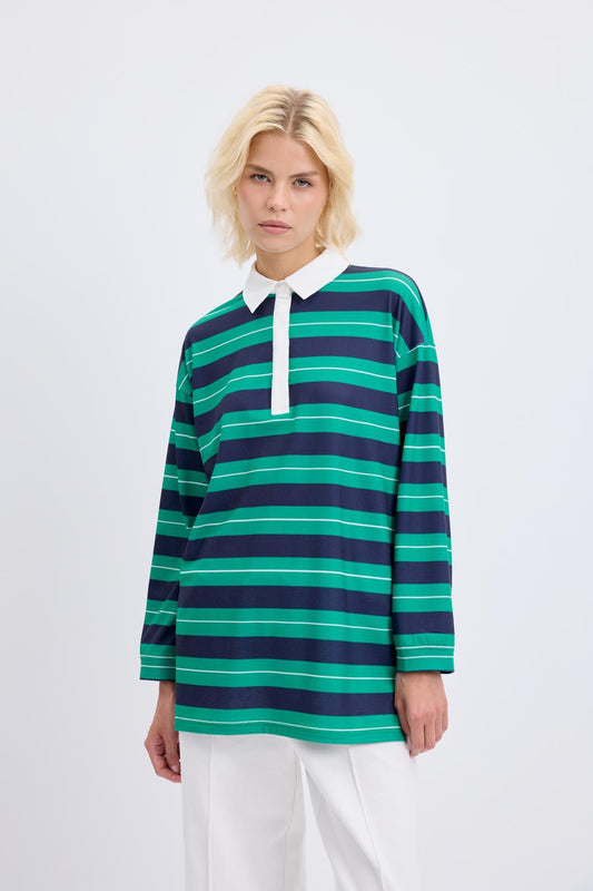 Polo Yaka Çizgili Sweatshirt Lacivert