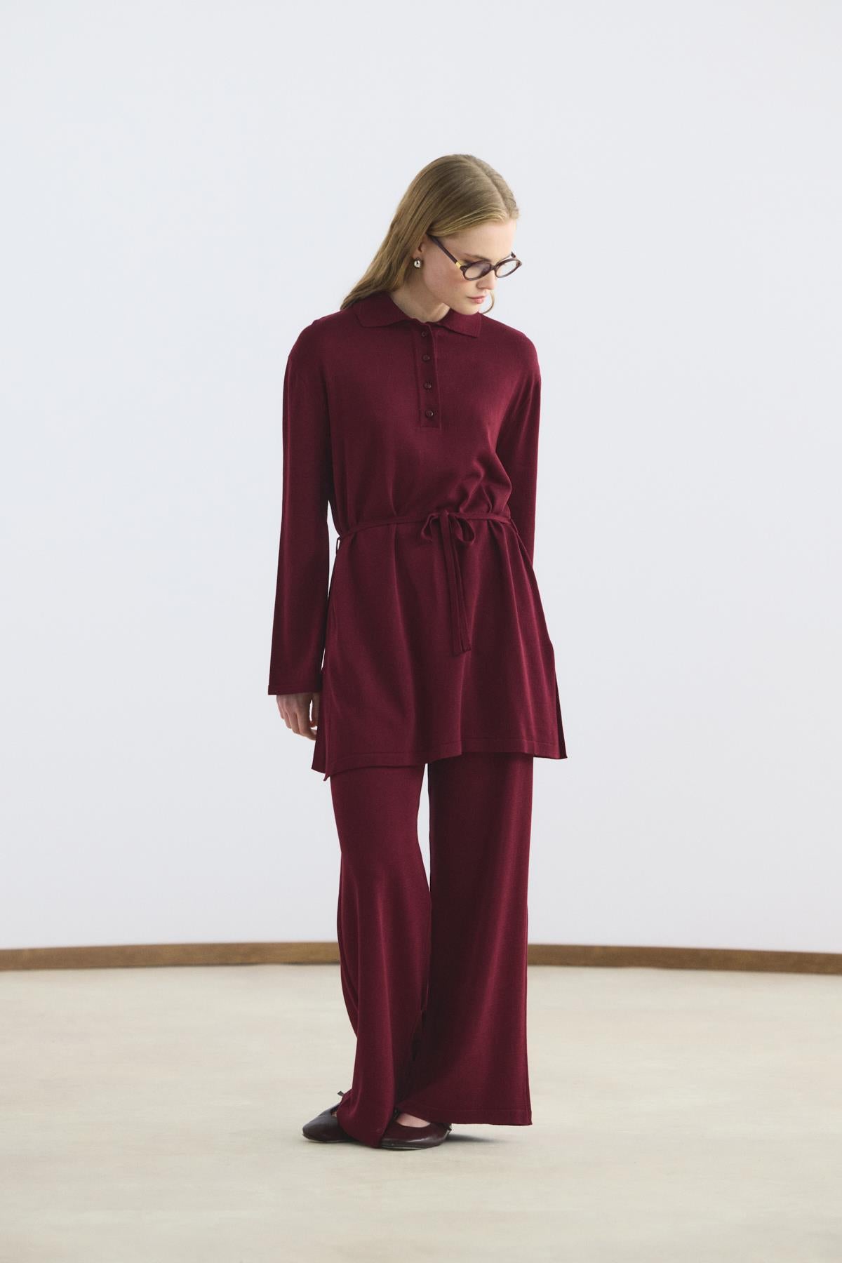 Polo Yaka İnce Triko Tunik Pantolon Takım Bordo