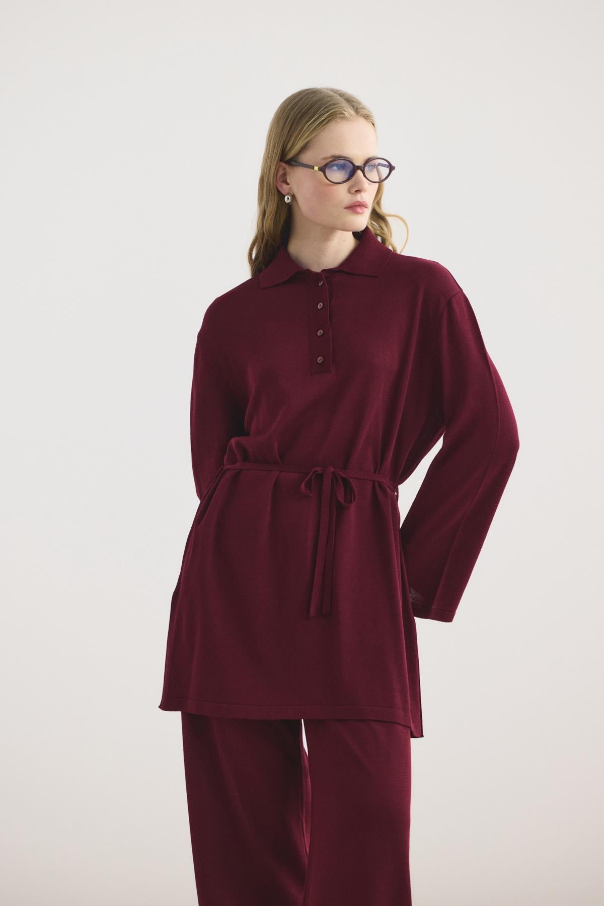 Polo Yaka İnce Triko Tunik Pantolon Takım Bordo