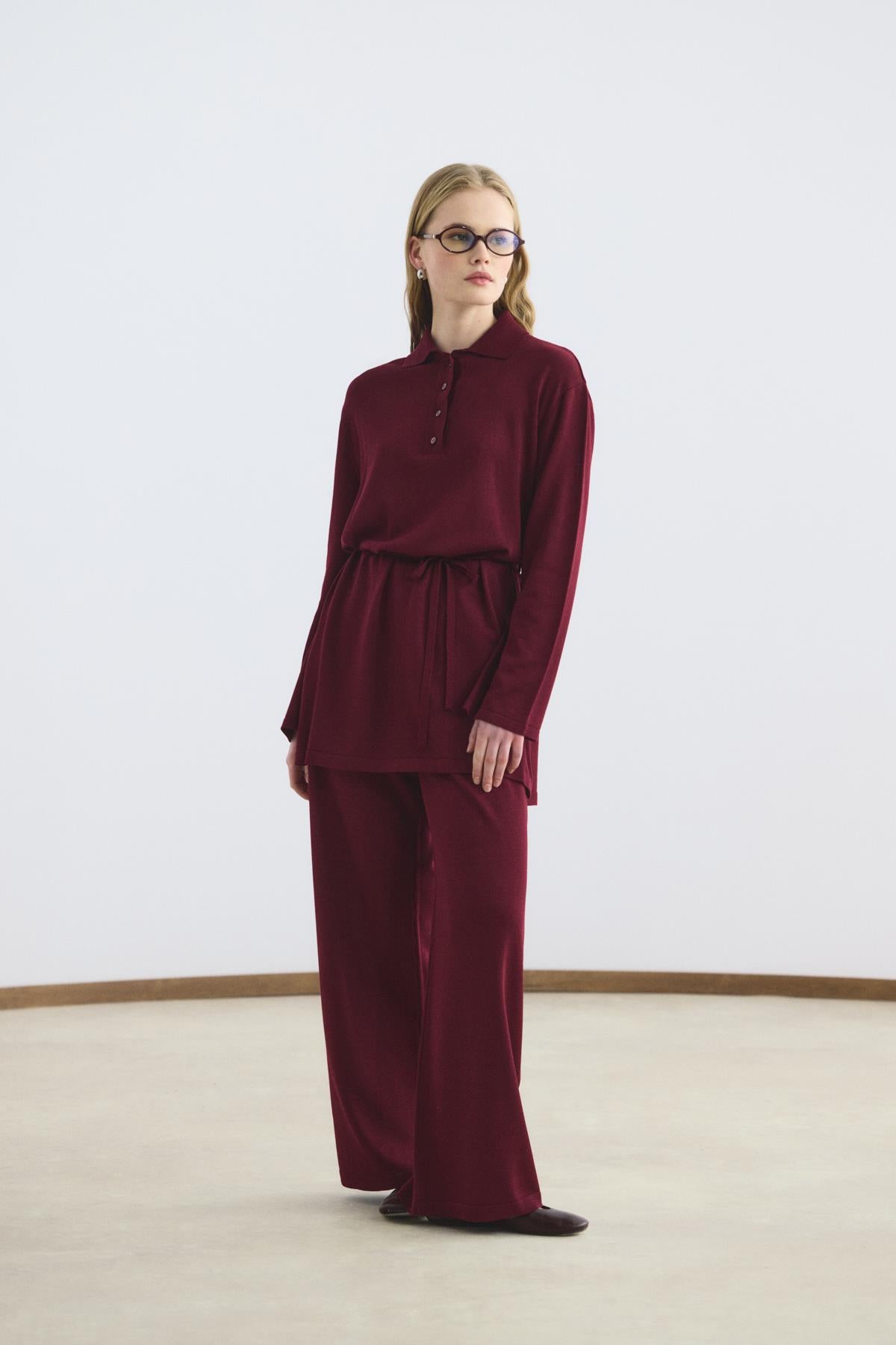 Polo Yaka İnce Triko Tunik Pantolon Takım Bordo