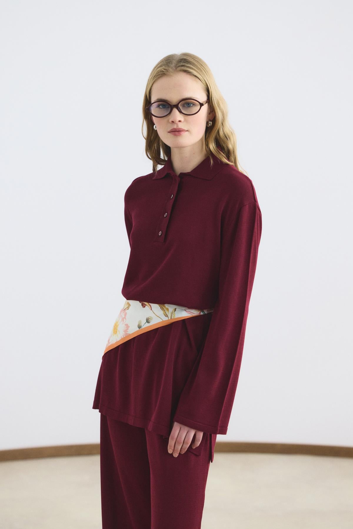 Polo Yaka İnce Triko Tunik Pantolon Takım Bordo