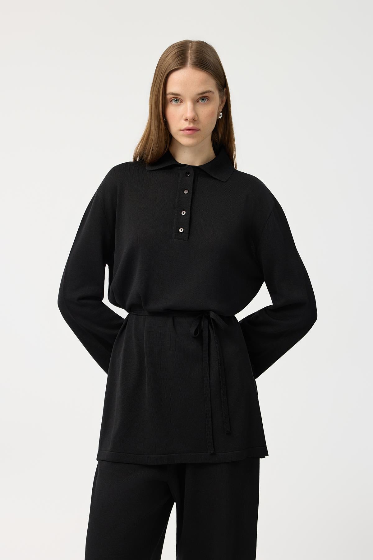 Polo Yaka İnce Triko Tunik Pantolon Takım Siyah