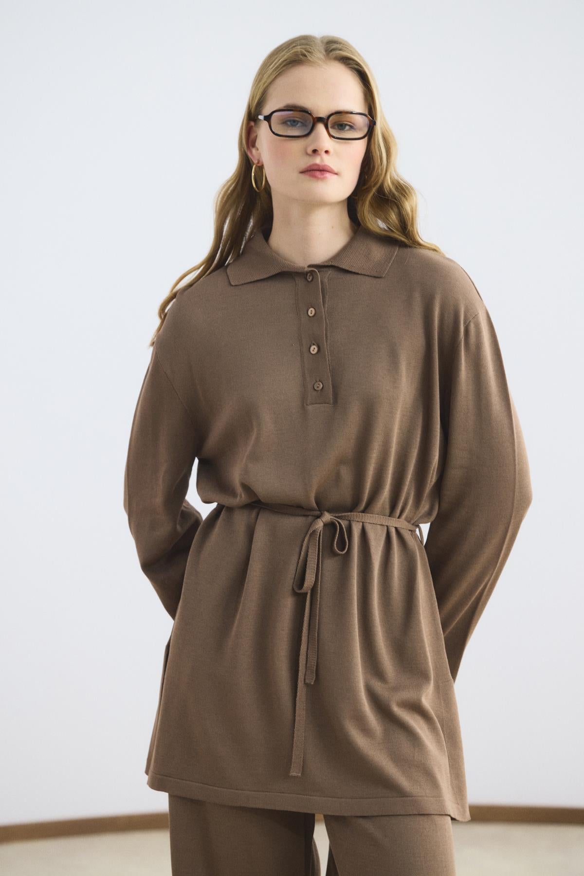 Polo Yaka İnce Triko Tunik Pantolon Takım Toprak