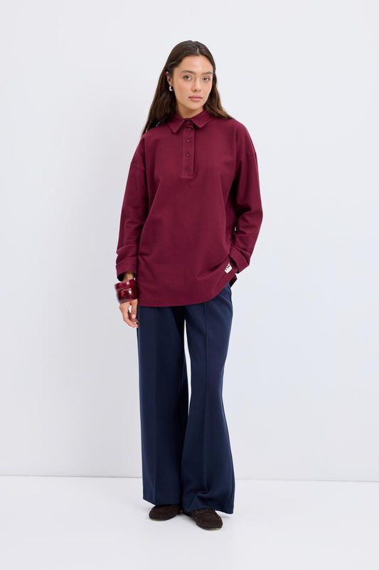 Polo Yaka Yandan Yırtmaçlı Sweatshirt Bordo