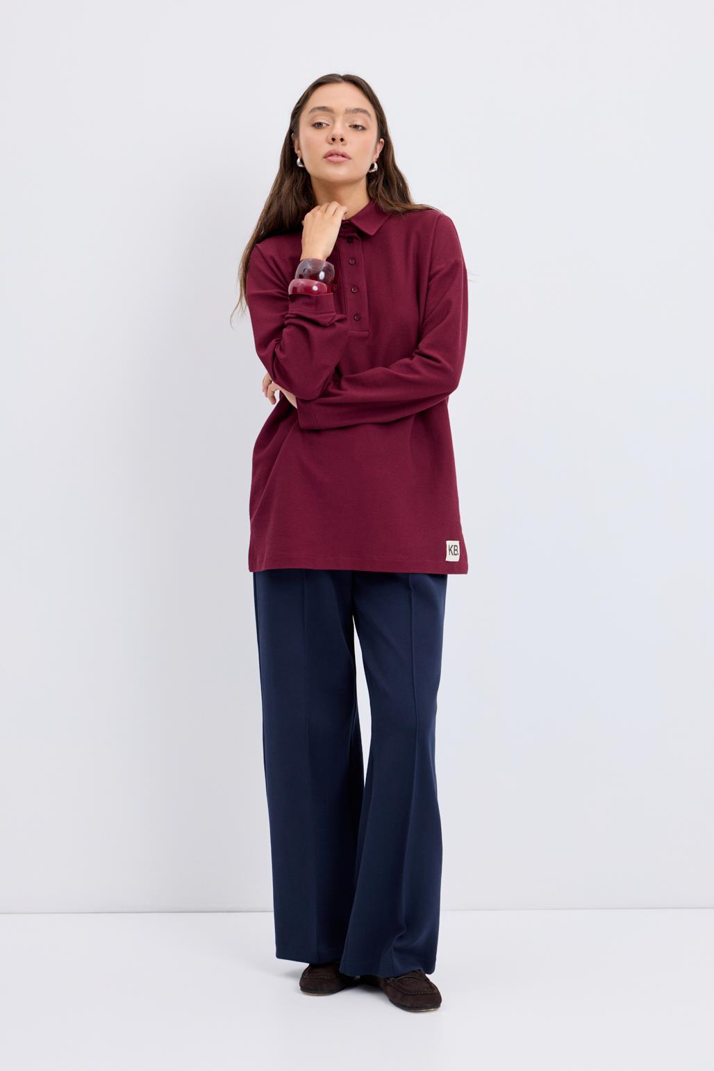 Polo Yaka Yandan Yırtmaçlı Sweatshirt Bordo