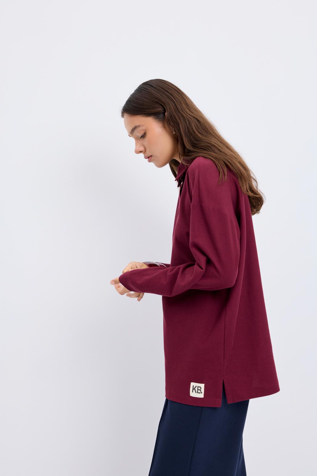 Polo Yaka Yandan Yırtmaçlı Sweatshirt Bordo