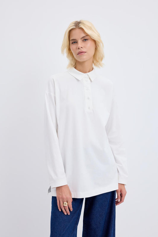 Polo Yaka Yandan Yırtmaçlı Sweatshirt Ekru