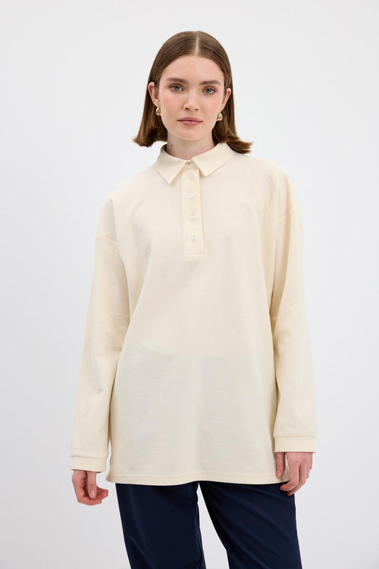 Polo Yaka Yandan Yırtmaçlı Sweatshirt Ekru