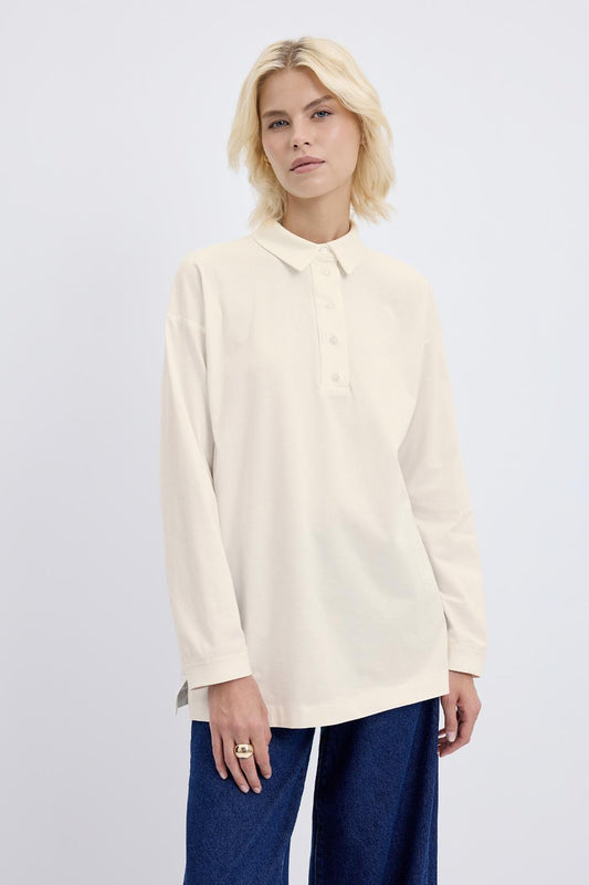 Polo Yaka Yandan Yırtmaçlı Sweatshirt Ekru