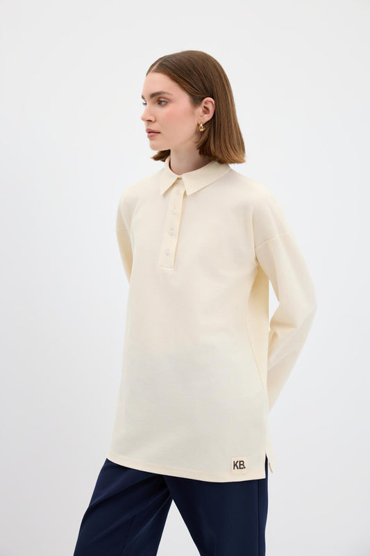 Polo Yaka Yandan Yırtmaçlı Sweatshirt Ekru
