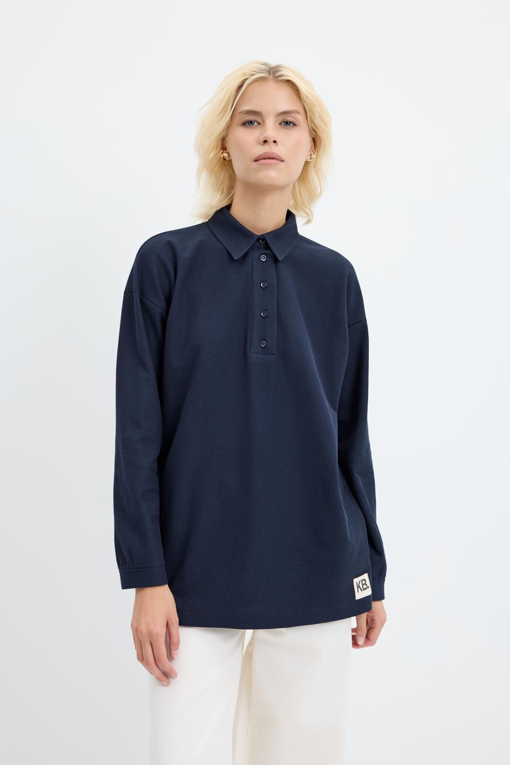 Polo Yaka Yandan Yırtmaçlı Sweatshirt Lacivert