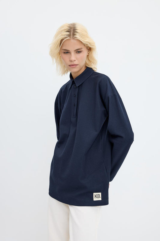 Polo Yaka Yandan Yırtmaçlı Sweatshirt Lacivert