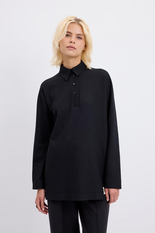Polo Yaka Yandan Yırtmaçlı Sweatshirt Siyah