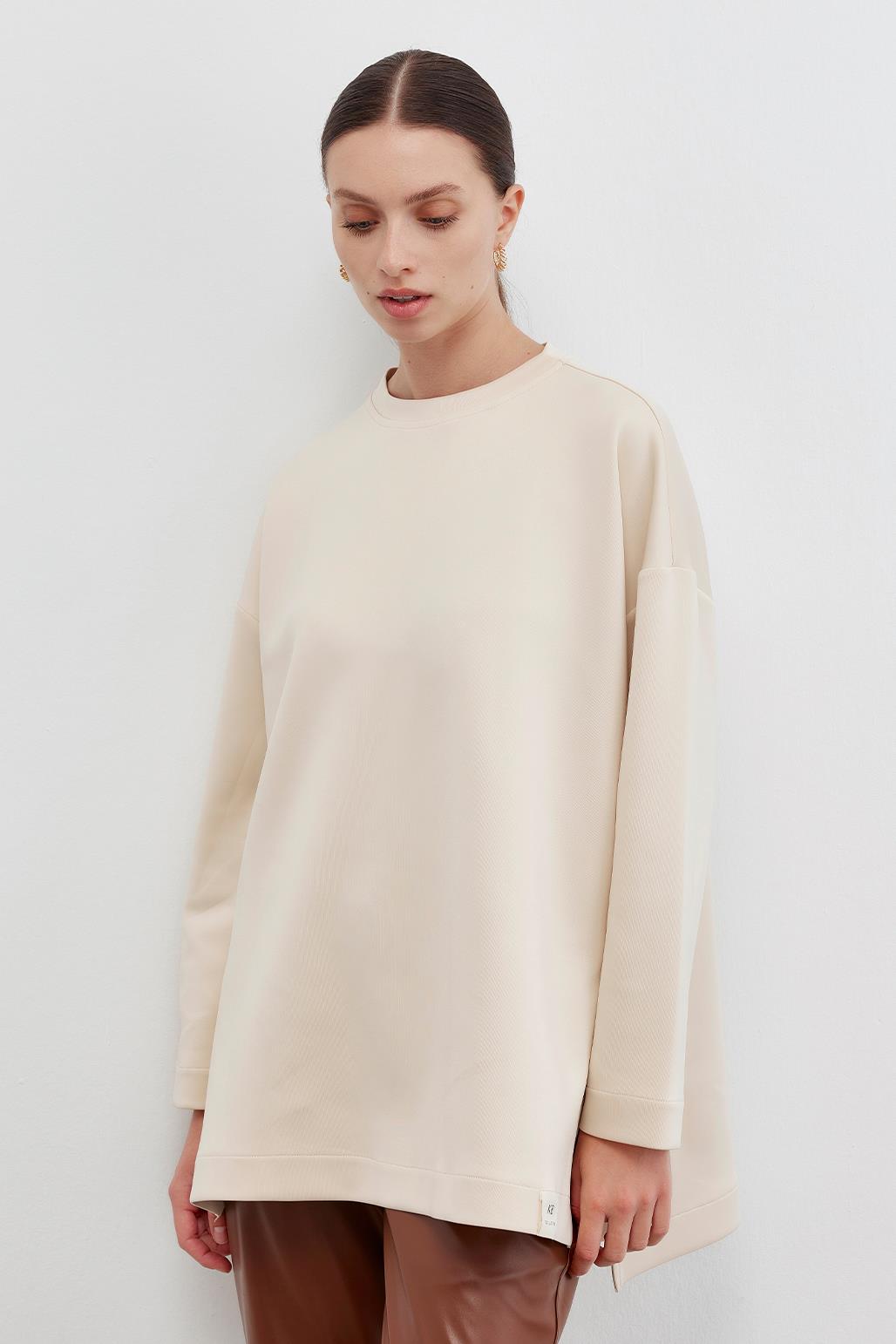 Puf Yırtmaçlı Sweatshırt Kemik