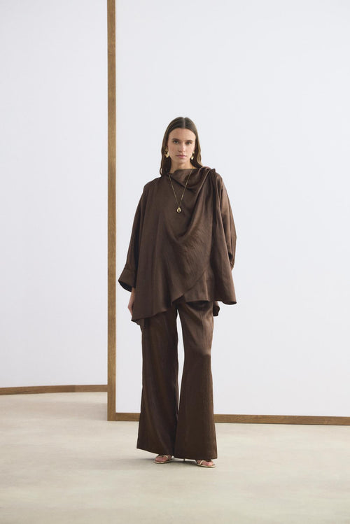 Şal Yaka Detaylı Pantolon Takım Acı Kahve