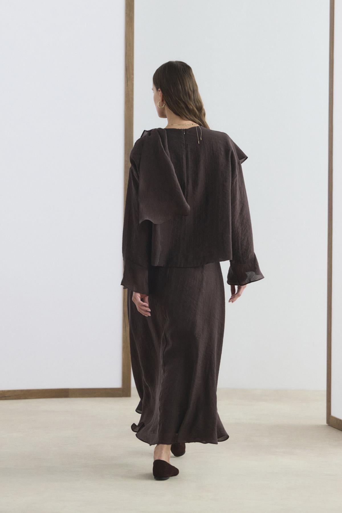 Acı Kahve Şal Yaka Gömlek Etek Takımı