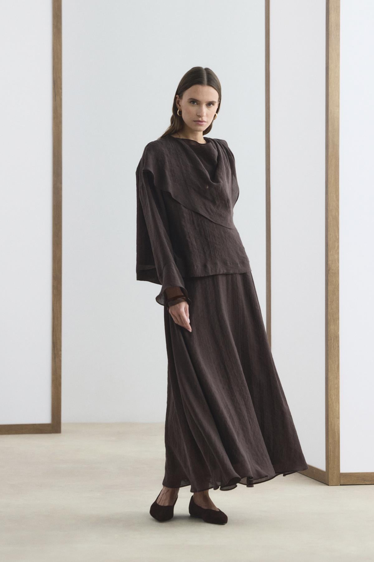 Şal Yaka Tasarımlı Acı Kahve Kadın Takım