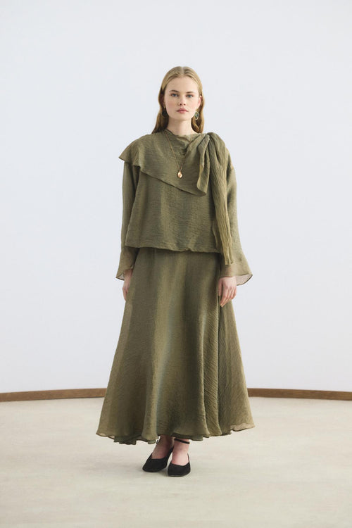 Şal Yaka Gömlek Etek Takım Zeytin