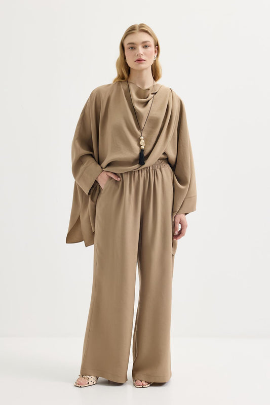 Şal Yaka Modal Tunik Pantolon Takım Camel